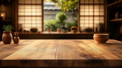 Poster - A beautifully crafted wood table top invites creativity and warmth, elegantly set in a blurred kitchen. Soft sunlight filters through windows, enhancing the inviting atmosphere