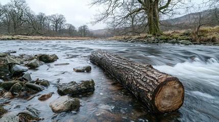 Poster - A tree trunk submerged partially in a flowing river, surrounded by rocks. 