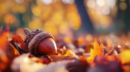 Poster - A close up shot of an acorn surrounded by fallen leaves