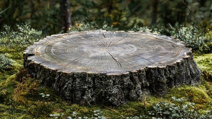 Poster - A tree stump with prominent rings, surrounded by moss and small plants in a forest 