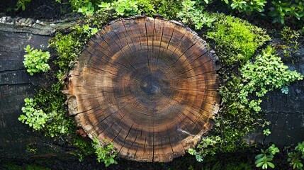 Poster - A tree stump with prominent rings, surrounded by moss and small plants in a forest 