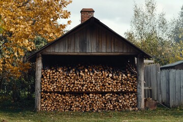 Poster - A wooden structure sitting in front of a building, possibly for storage or construction purposes