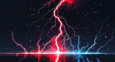 Wall Mural - Abstract red cyan lightning sparks anime on plain dark black background illustration