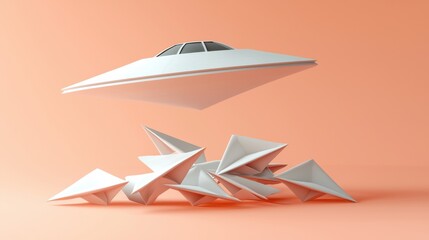 Wall Mural - 3d icon of a futuristic spaceship floating over a pile of paper airplanes on a soft orange backgroun