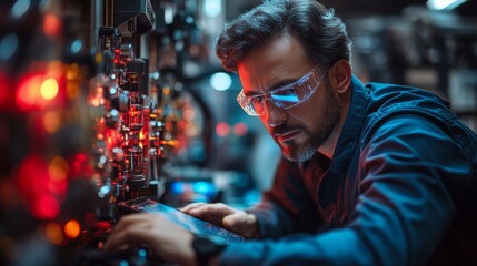 Aufkleber - A researcher wearing safety goggles adjusts equipment related to quantum mechanics, focusing on qubits and their properties.