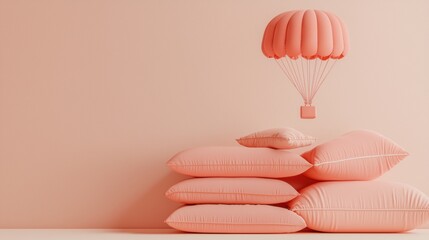 Wall Mural - 3d icon of a parachute floating above a soft pile of pillows in a minimalist room setting