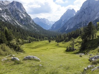 Poster - A panoramic view of a mountain range with a valley in the foreground, ideal for outdoor or nature-themed projects