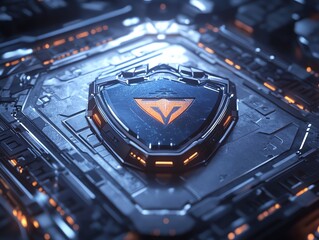 Poster - Futuristic Tech Shield Design with Orange Glowing Details