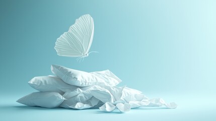 Wall Mural - delicate white butterfly fluttering above soft pillows on serene background