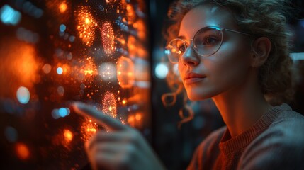 Leinwandbilder - A person engages with a digital display featuring vibrant representations of quantum phenomena like qubits, superposition, and entanglement concepts in a scientific setting.