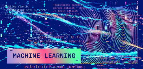 Aufkleber - Complex digital illustration depicting machine learning concepts with programming code and abstract holographic shapes. The background is filled with vibrant colors and pixelated patterns.