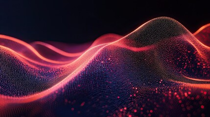 Leinwandbilder - Neon digital particles forming a smooth wave, floating on a deep black background