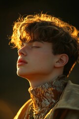 Aufkleber - A young man with his eyes closed, wearing a scarf, in a simple yet powerful pose
