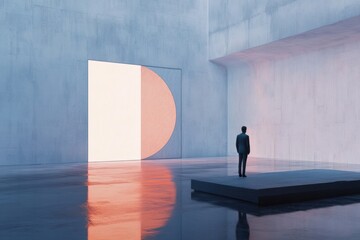 Poster - A person standing alone in a big empty space with a large door in the background, ideal for use as a placeholder or to represent isolation