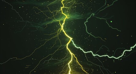 Wall Mural - Abstract yellow green lightning sparks anime on plain dark black background illustration