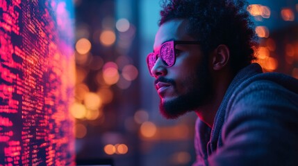 Poster - A person with curly hair and glasses contemplates quantum computing concepts illuminated by colorful digital displays in an urban environment at night, showcasing deep thought and innovation.