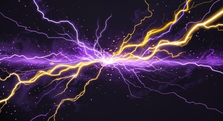 Wall Mural - Abstract yellow purple lightning sparks anime on plain dark black background illustration
