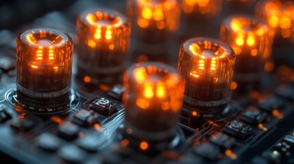 Aufkleber - Brightly illuminated qubit indicators showcase concepts of quantum computing such as superposition and entanglement, set against a detailed circuit background.
