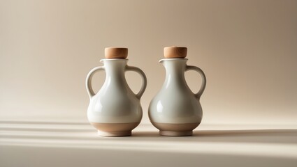 Poster - unique ceramic jugs with wooden stoppers set against a neutral background showcasing their elegant d