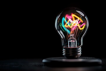 Poster - Glowing neon word IDEA inside light bulb on dark background, creative inspiration and innovation concept for business solutions and marketing.