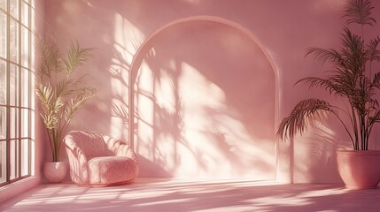 Poster - Soft pink interior with dreamy light reflections and artistic shadow layering, creating a peaceful atmosphere