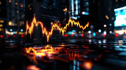 Poster - Glowing orange stock market graph chart reflected on wet surface against blurred urban night cityscape with bokeh lights and digital display background.
