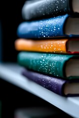 Poster - Stack of colorful books with magical sparkle effect on dark background, selective focus on book spines creating dreamy atmospheric composition for reading concepts.