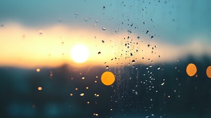Poster - Raindrops on window glass during sunset with blurred bokeh lights creating atmospheric mood. Water droplets catch golden hour sunlight against darkening sky.