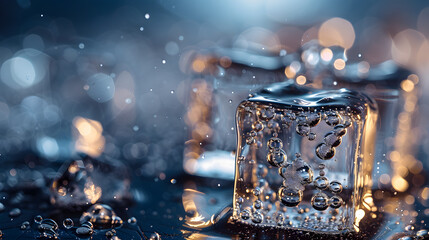 Poster - Crystal clear ice cube with bubbles on blue background