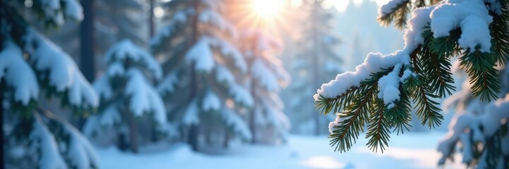 Wall Mural - Snowflakes fall gently on frozen trees branches, forest, branches, snow