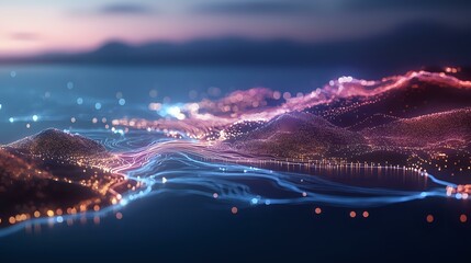 Poster - abstract digital landscape with glowing particles and flowing light trails creating futuristic mount