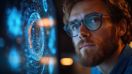 Fototapete - A man with glasses intently studies a digital display showcasing advanced quantum computing concepts. The environment is tech-oriented, highlighting innovation.