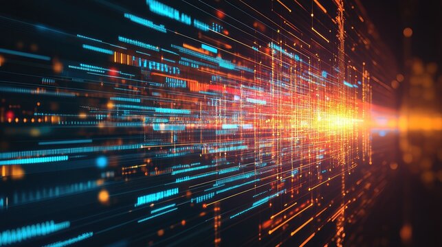Abstract representation of digital data flow with vibrant light trails in a futuristic environment