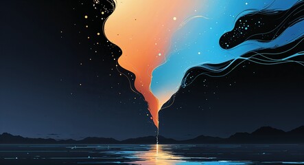 Wall Mural - abstract cyan brown gradient anime on plain dark black background illustration