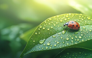 ladybug on dew covered leaf nature photography