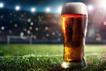 Poster - Cold beer on soccer field background with stadium lights