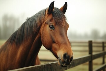 Poster - A brown horse stands next to a wooden fence in a field or pasture
