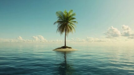 Poster - A single tall palm tree standing on a small island in the middle of the ocean 