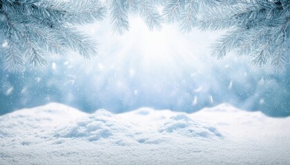 Poster - serene winter landscape with soft snowdrifts, falling snowflakes, and pine branches in a frosty atmosphere, perfect for holiday background and seasonal designs

