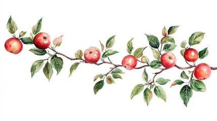 Poster - a single apple tree branch with glossy red apples and green leaves. 