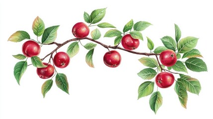 Poster - a single apple tree branch with glossy red apples and green leaves. 