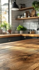 Poster - Sunlight filters through the windows, illuminating a warm wooden table that exudes rustic charm, set against a softly blurred background of a welcoming kitchen filled with greenery