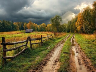 Poster - A rustic dirt road with a wooden fence running down its center, suitable for rural or countryside settings