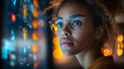 Aufkleber - A woman with curly hair and glasses studies complex quantum algorithms and neural network data visualizations on glowing digital screens in a modern environment.
