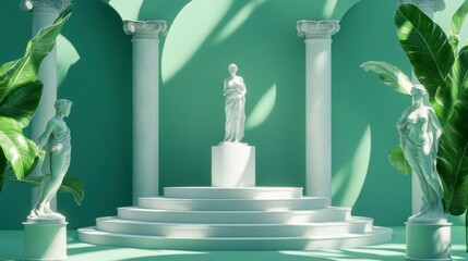 Poster - White statue on tiered platform in mint green colonnaded room