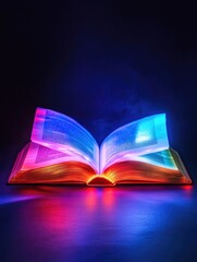 Poster - An open book on a table illuminated by colorful lights, ideal for creative or learning spaces