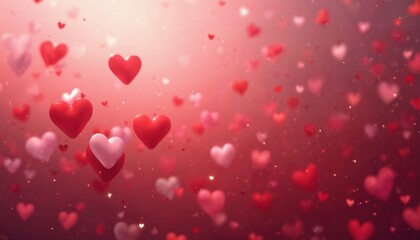 Poster - Valentines Day abstract backdrop with blurry floating hearts, shiny glitter particles. Romantic red, pink gradient wallpaper for love holiday, wedding, women day event, celebration. Festive hearts