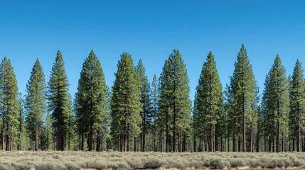 Poster - A row of tall pine trees forming a dense tree line under a clear blue sky. 