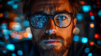 Poster - A researcher examines quantum computing concepts, such as qubits, superposition, and entanglement, in a dimly lit workspace filled with digital elements and data visualizations.