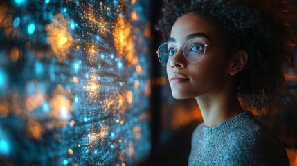 Leinwandbilder - A young person observes a vibrant projection of quantum concepts like superposition and entanglement, reflecting on their significance in data optimization.